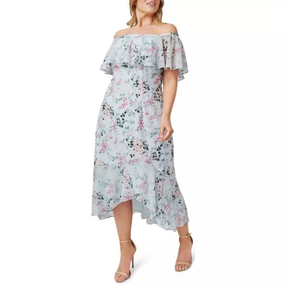 Adrianna Papell Print Off Shoulder Midi Dress - Mint Multi - 20W - NWT - Picture 1 of 10